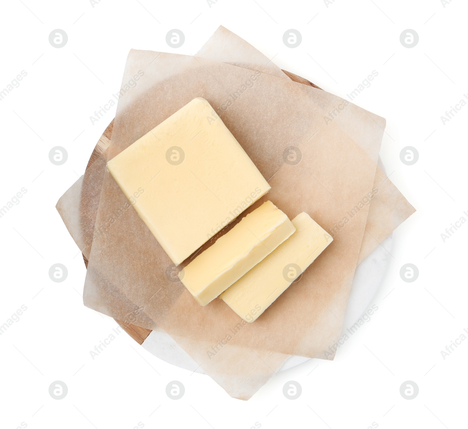 Photo of Cut block of fresh butter isolated on white, top view