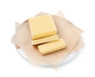 Photo of Cut block of fresh butter isolated on white