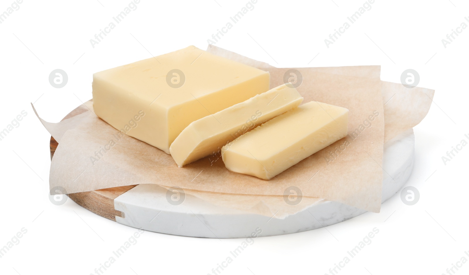 Photo of Cut block of fresh butter isolated on white