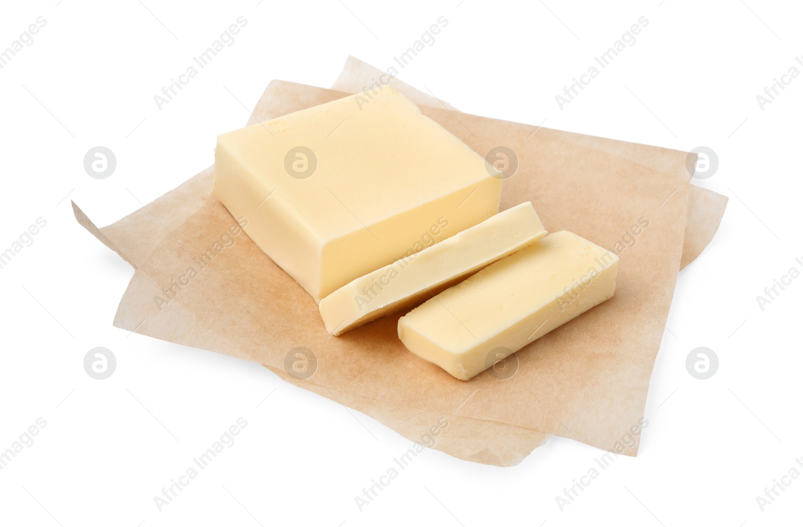 Photo of Cut block of fresh butter isolated on white