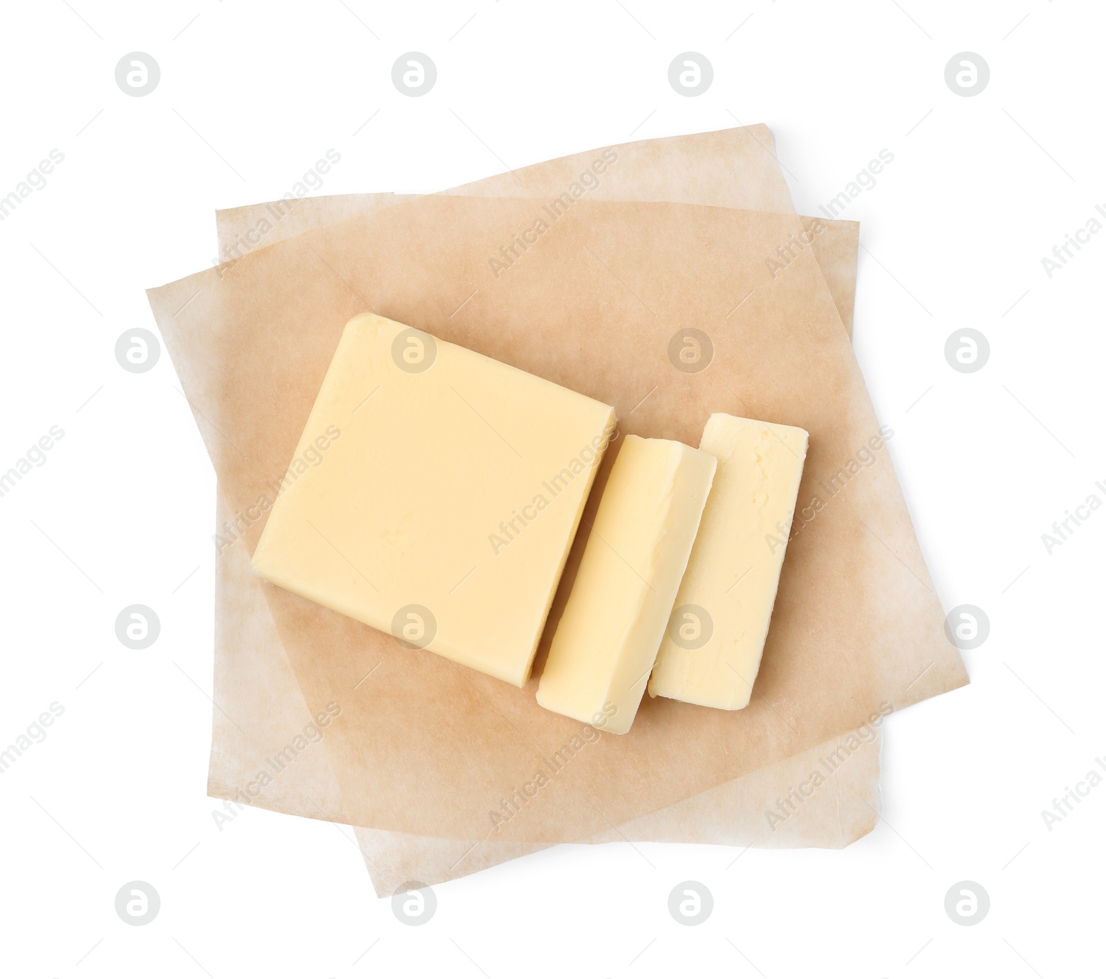 Photo of Cut block of fresh butter isolated on white, top view