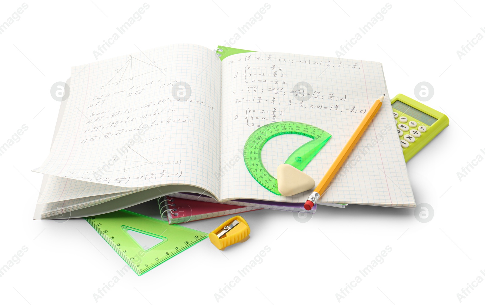 Photo of Doing homework. Notebook with math assignment and stationery on white background