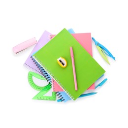 Photo of Doing homework. Notebooks and other different stationery on white background, top view