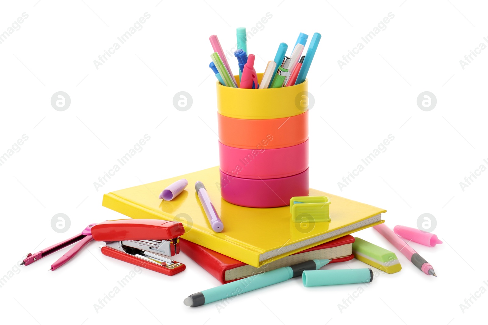 Photo of Doing homework. Notebooks and other different stationery on white background