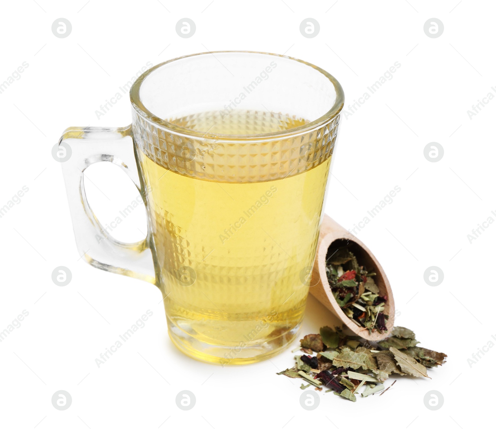 Photo of Delicious herbal tea and dry leaves isolated on white