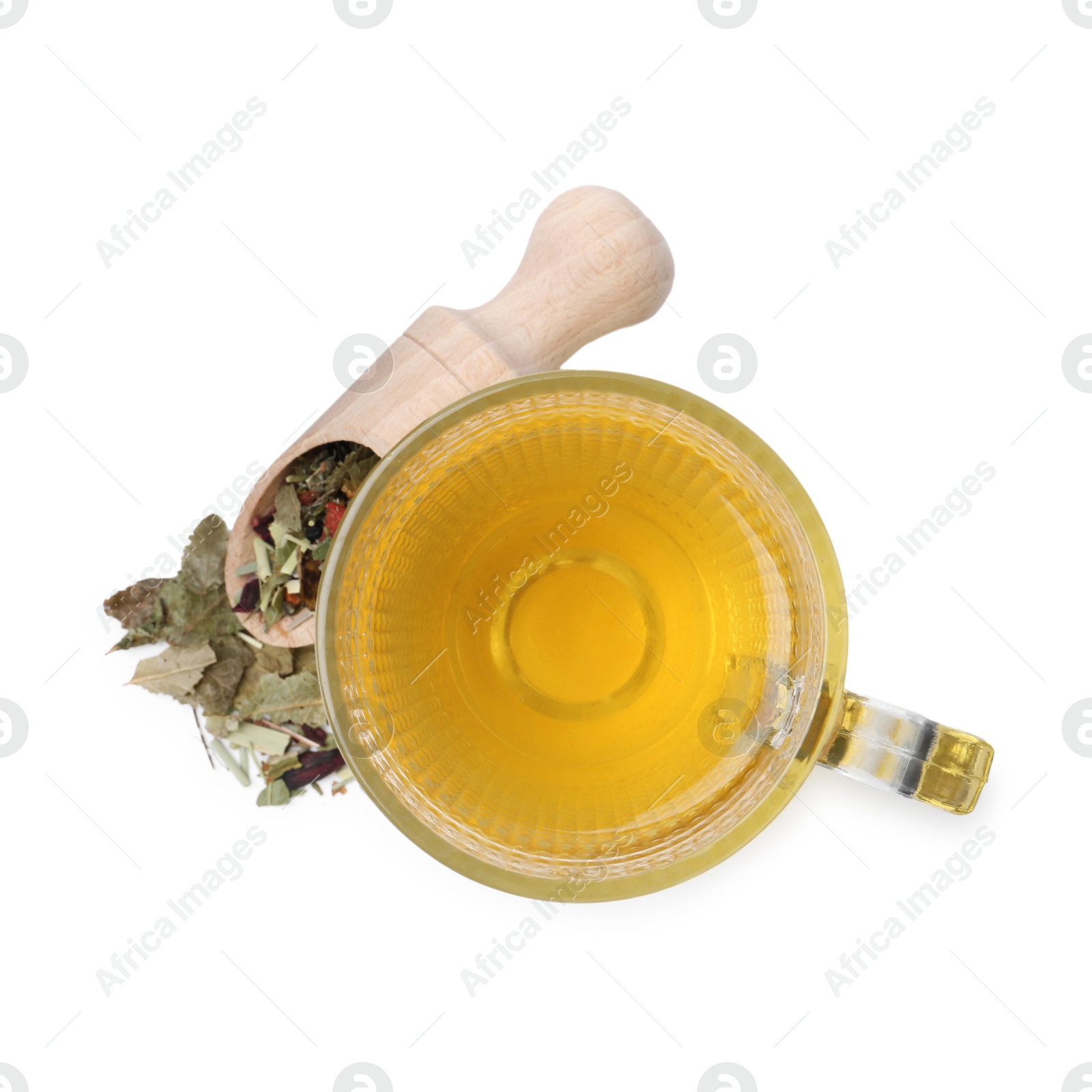 Photo of Delicious herbal tea and dry leaves isolated on white, top view