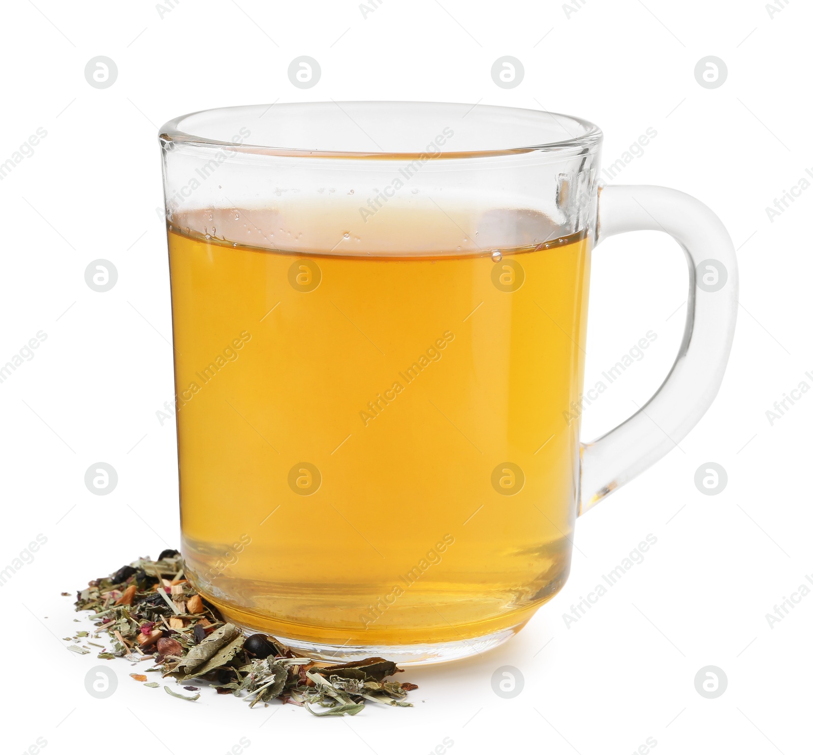 Photo of Delicious herbal tea and dry leaves isolated on white