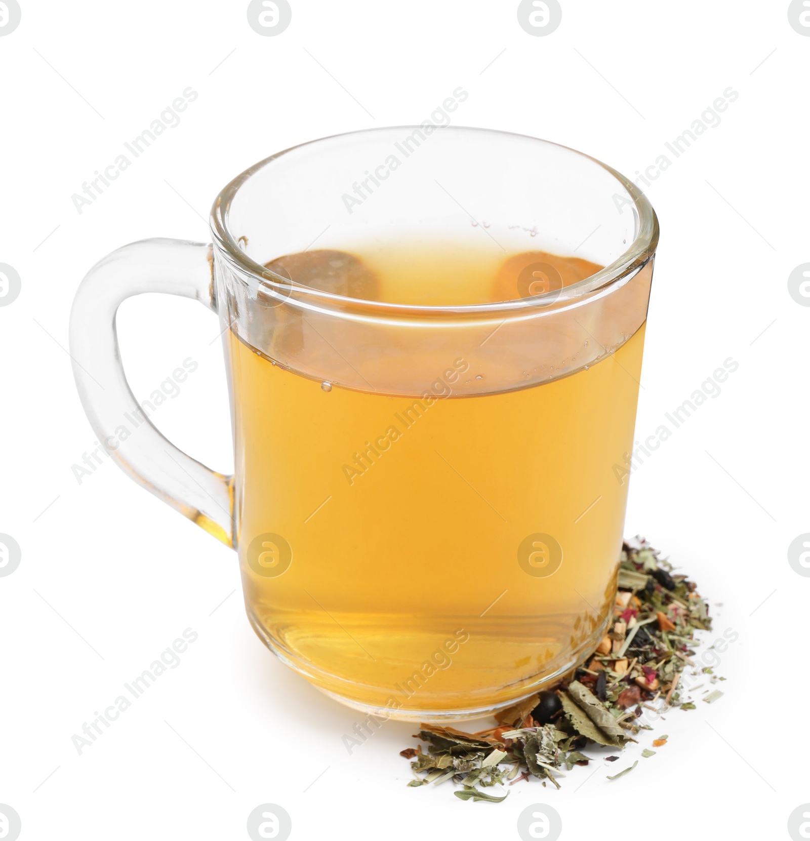 Photo of Delicious herbal tea and dry leaves isolated on white