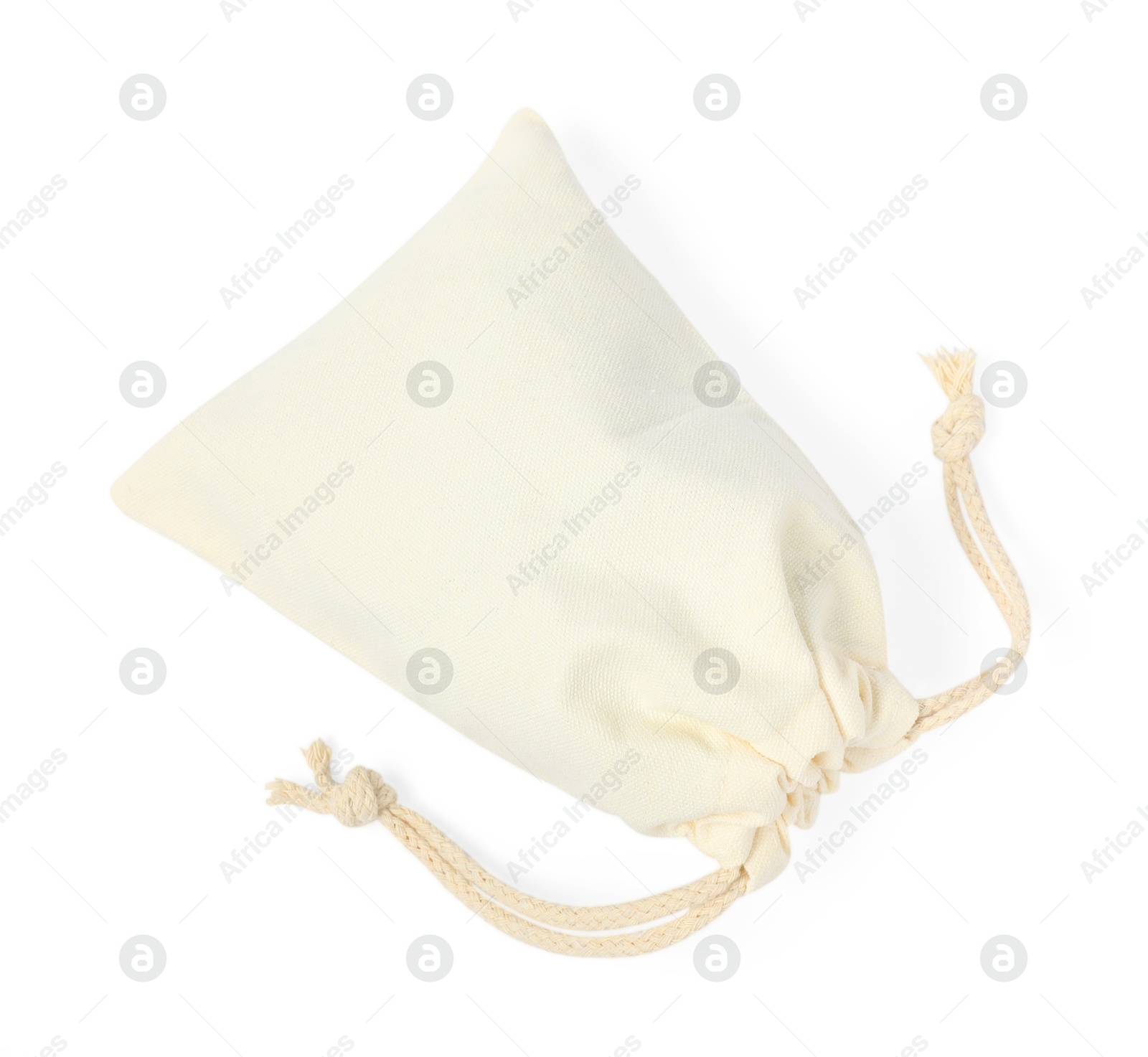 Photo of One cotton bag with ties isolated on white, top view