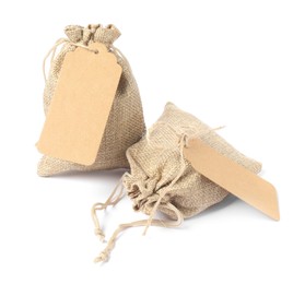 Two burlap bags with tags isolated on white