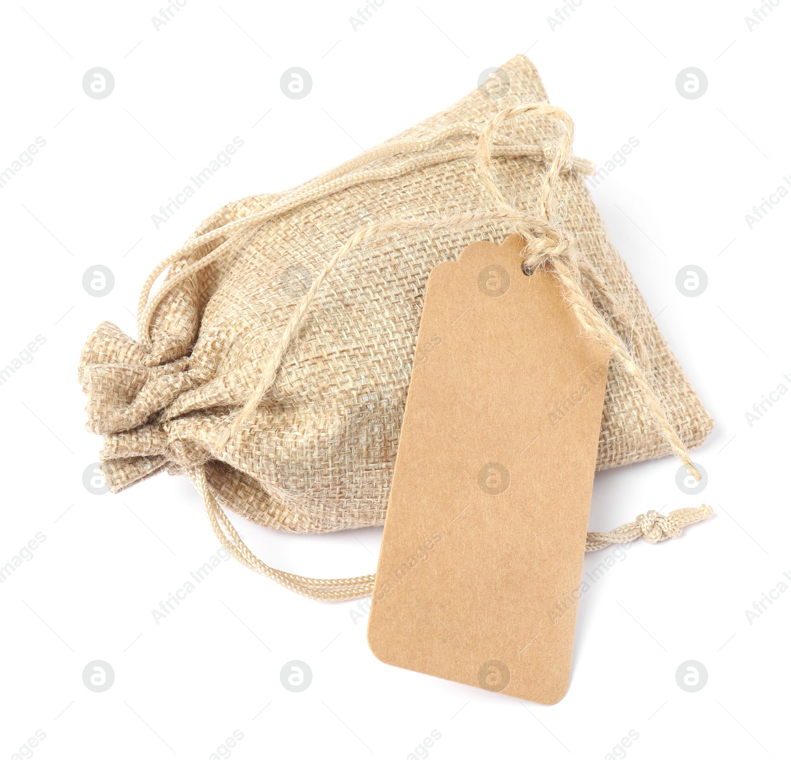 Photo of One burlap bag with tag isolated on white