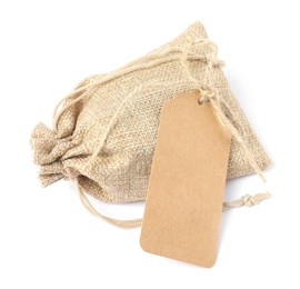 One burlap bag with tag isolated on white