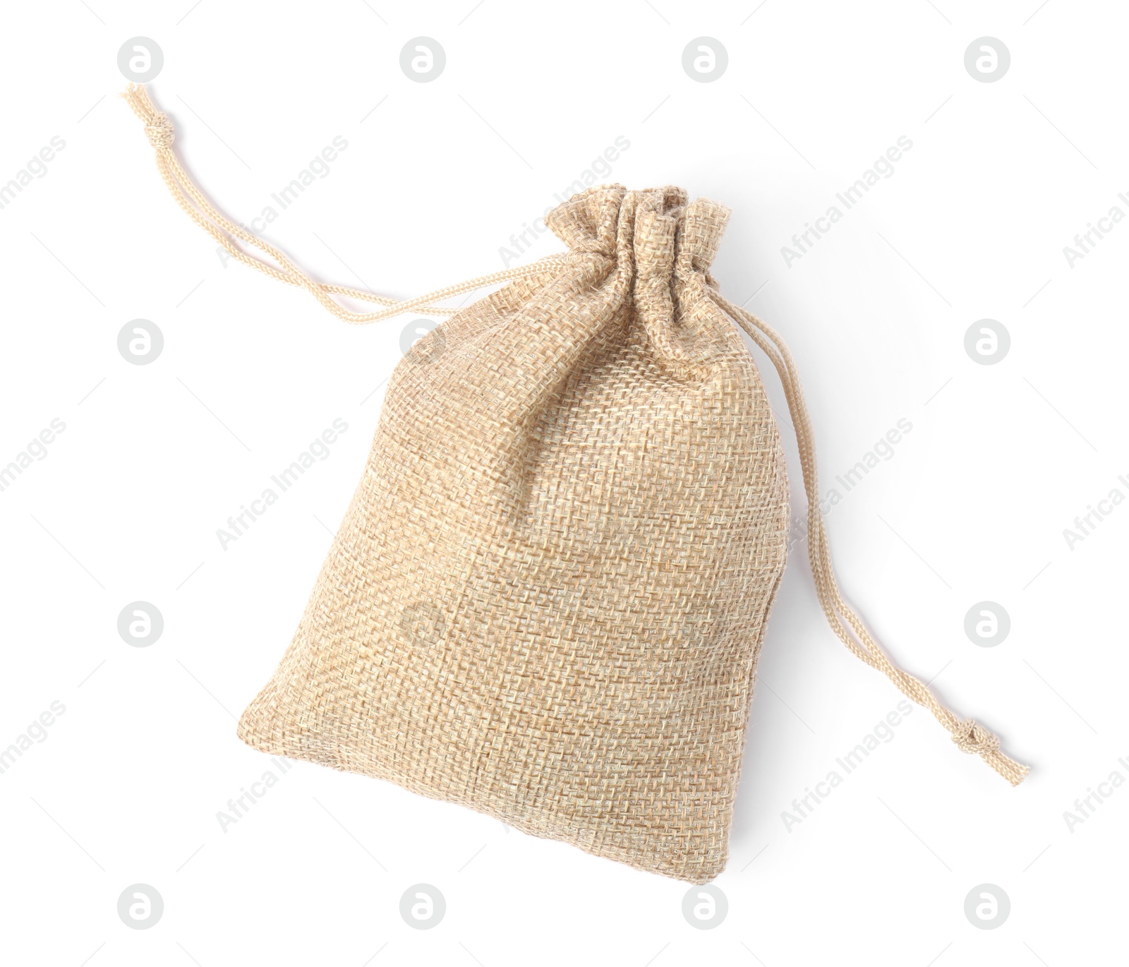 Photo of One burlap bag isolated on white, top view