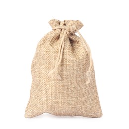 Photo of One beige burlap bag isolated on white