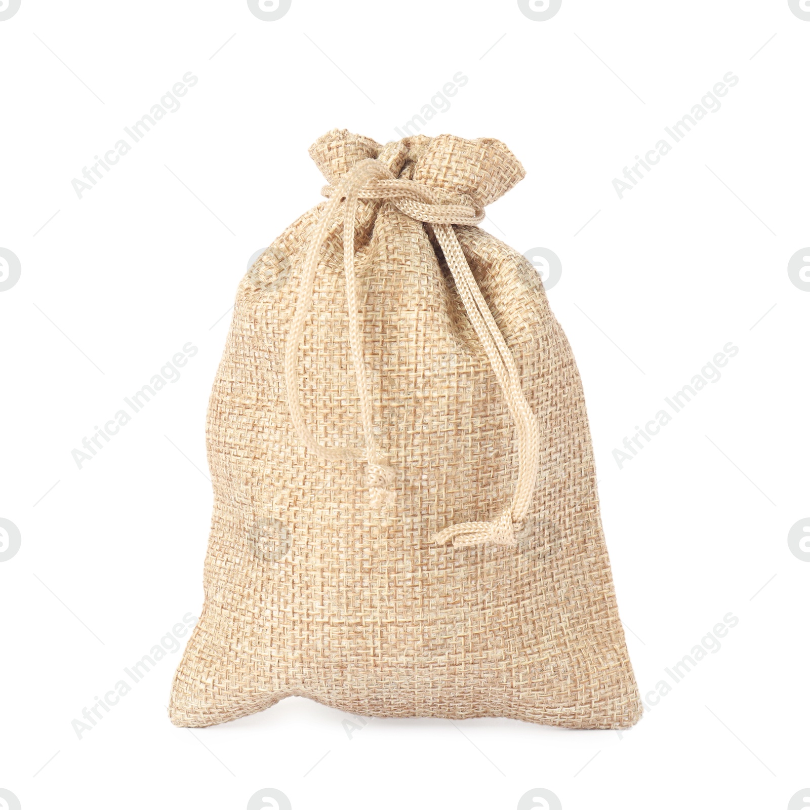 Photo of One beige burlap bag isolated on white