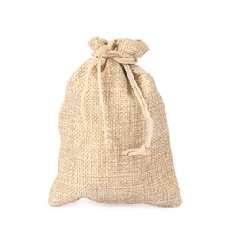 Photo of One beige burlap bag isolated on white