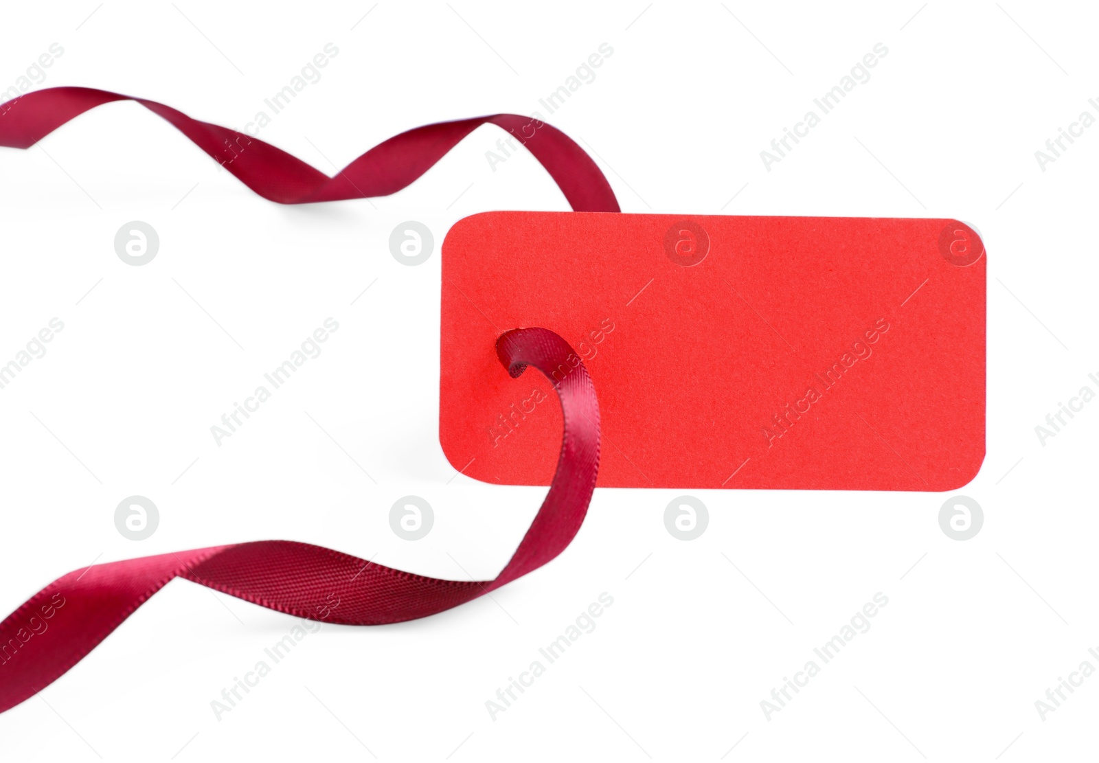 Photo of Blank tag with ribbon isolated on white