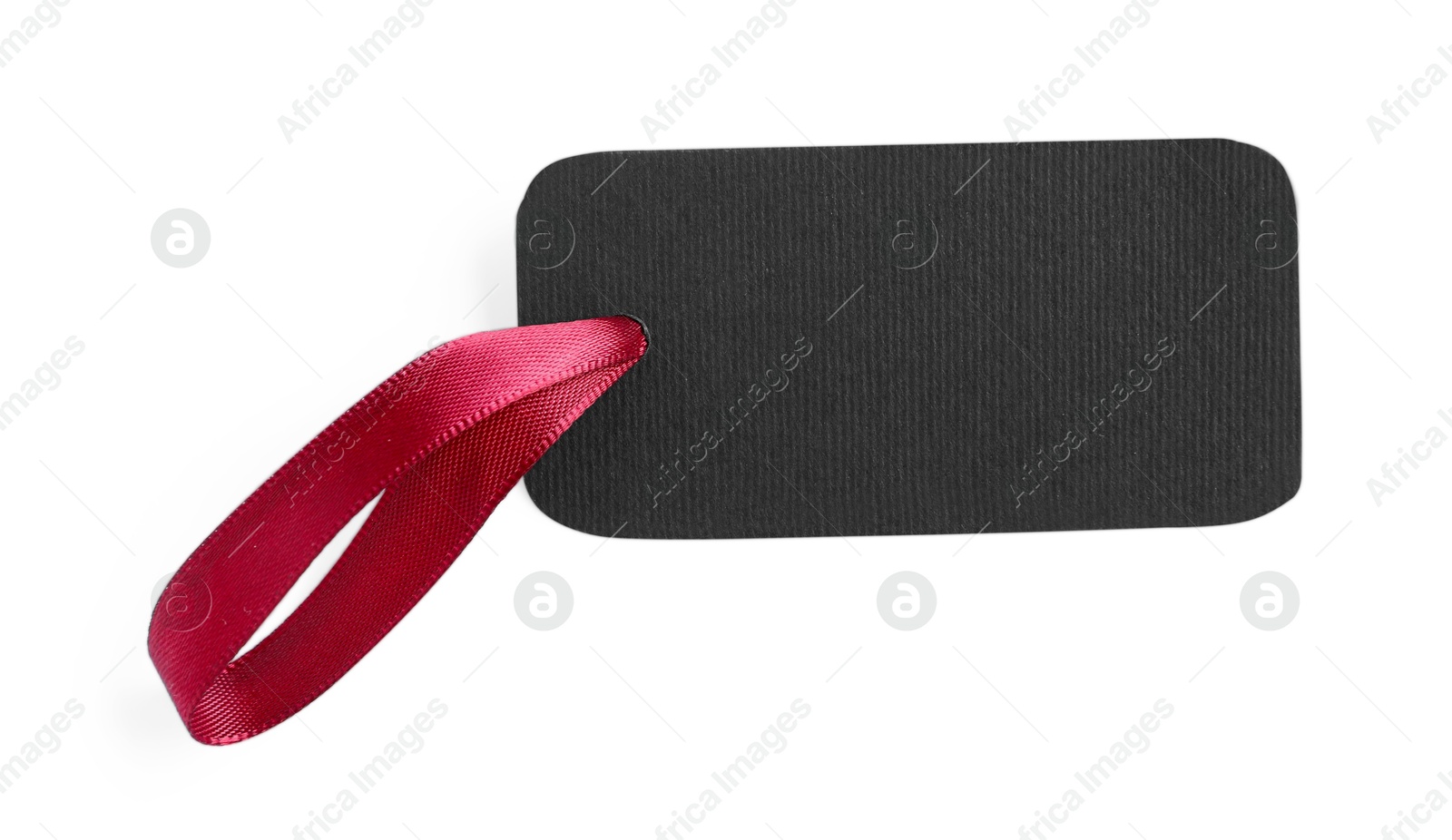 Photo of Blank tag with ribbon isolated on white, top view