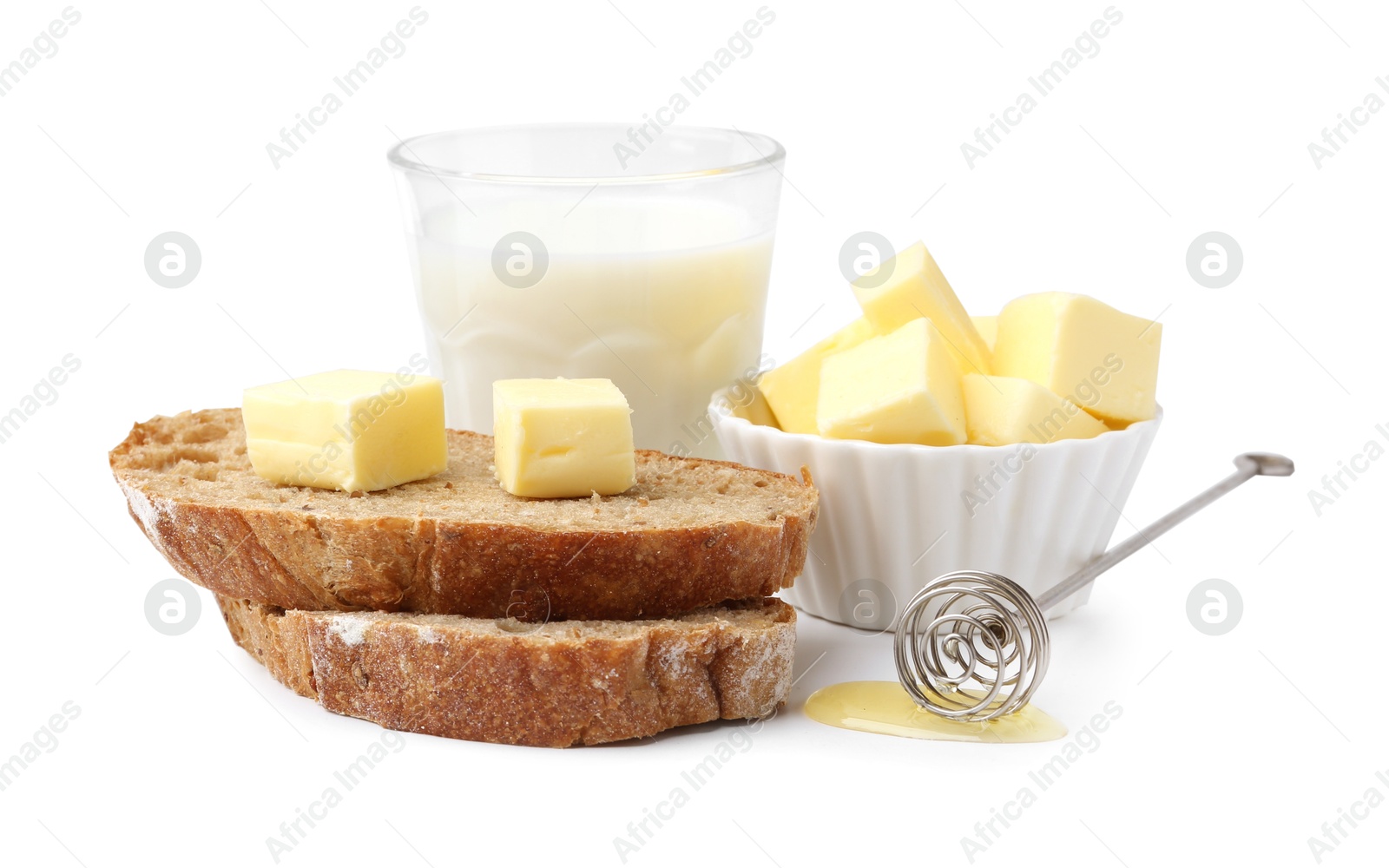 Photo of Slices of bread with butter, milk and honey isolated on white