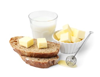 Photo of Slices of bread with butter, milk and honey isolated on white