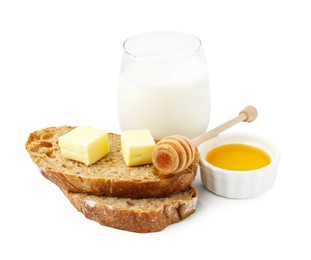 Photo of Slices of bread with butter, milk and honey isolated on white