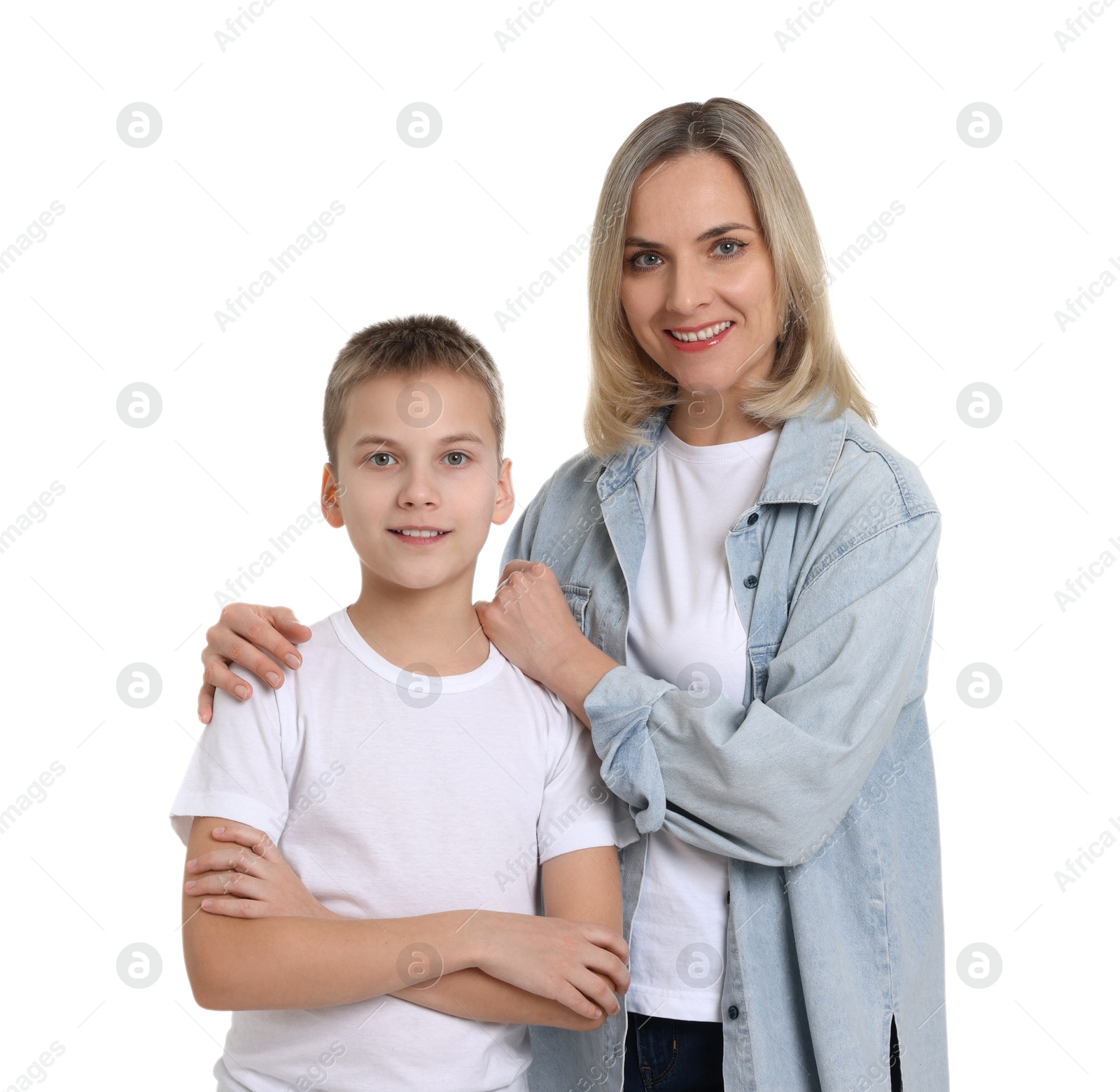 Photo of Happy mother and son on white background