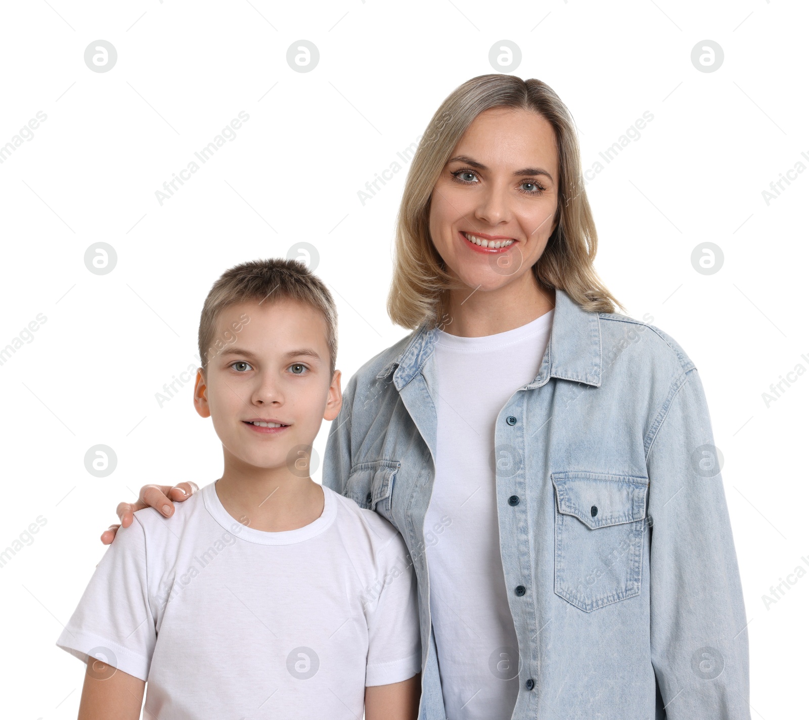 Photo of Happy mother and son on white background