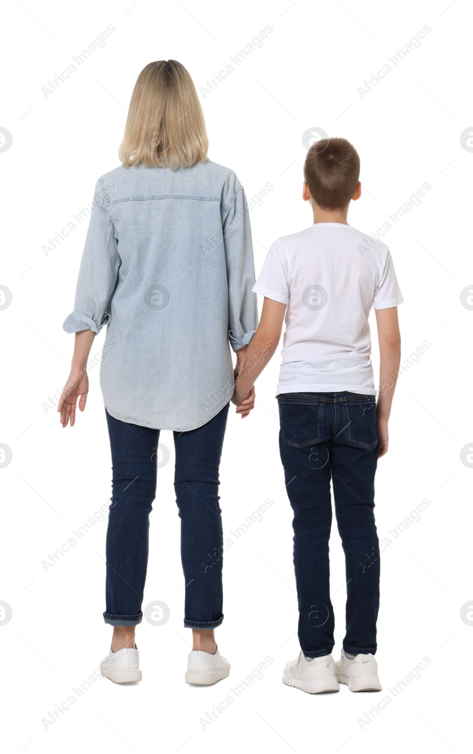 Photo of Mother and son on white background, back view