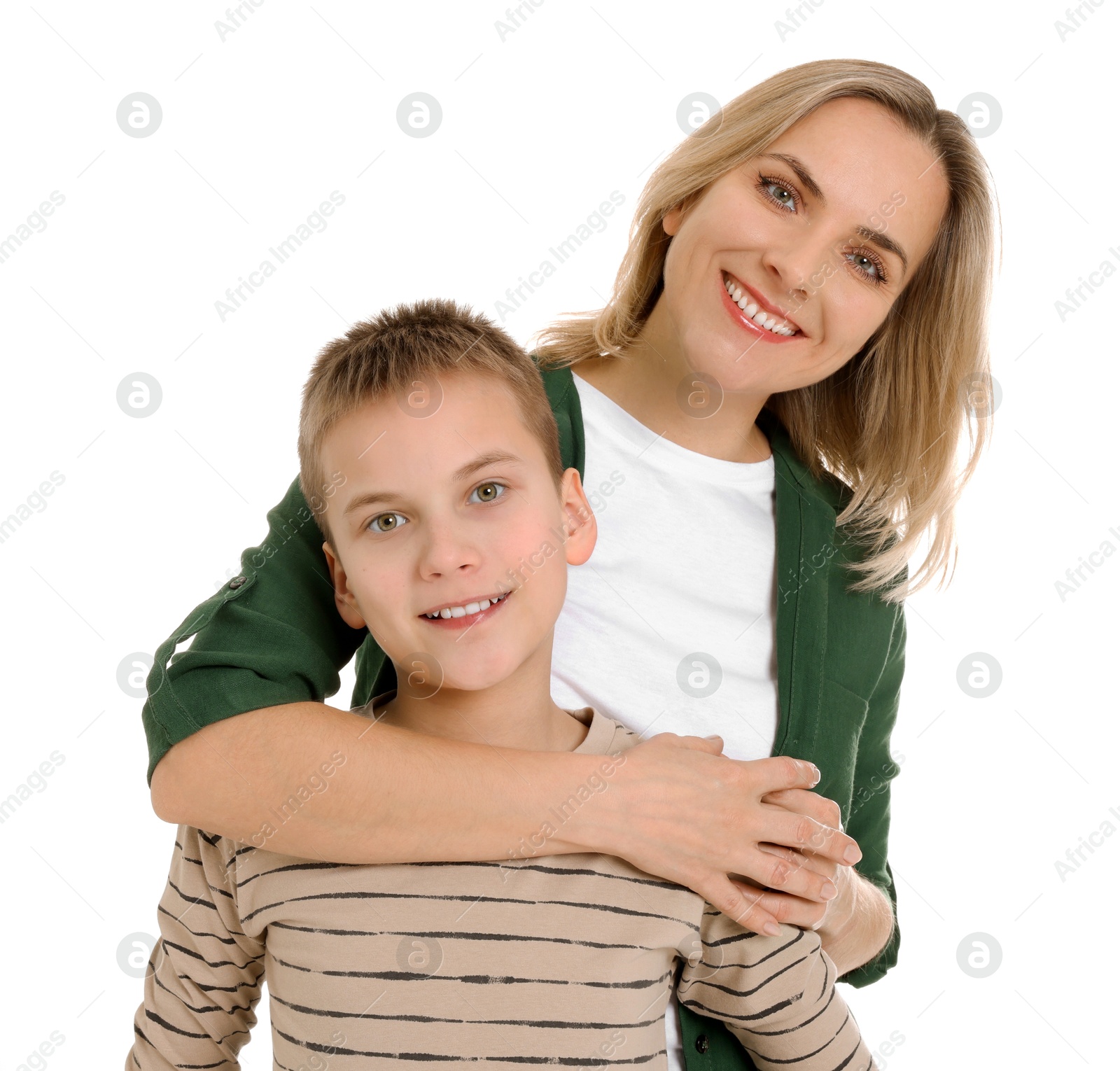 Photo of Mother and son hugging on white background