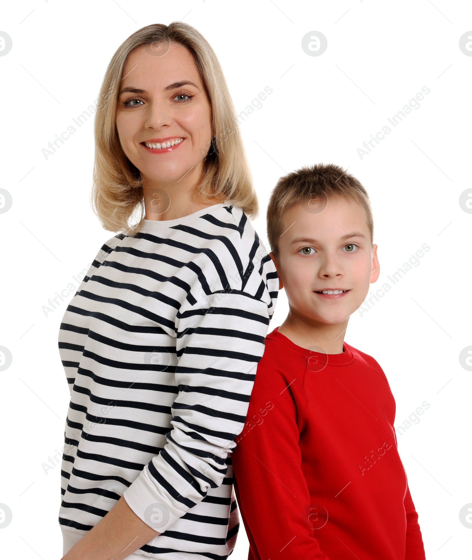 Photo of Happy mother and son on white background