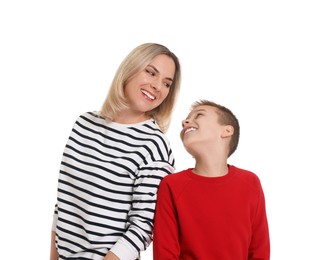 Photo of Happy mother and son on white background