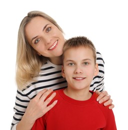 Photo of Mother and son hugging on white background