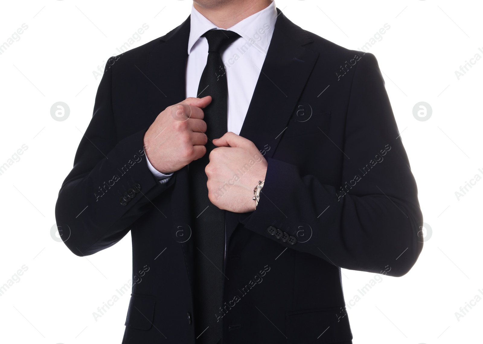 Photo of Man in classic suit on white background, closeup