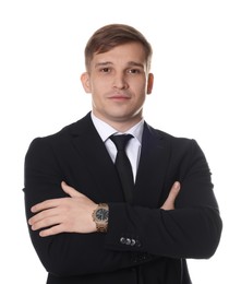 Photo of Man in classic suit with stylish watch on white background