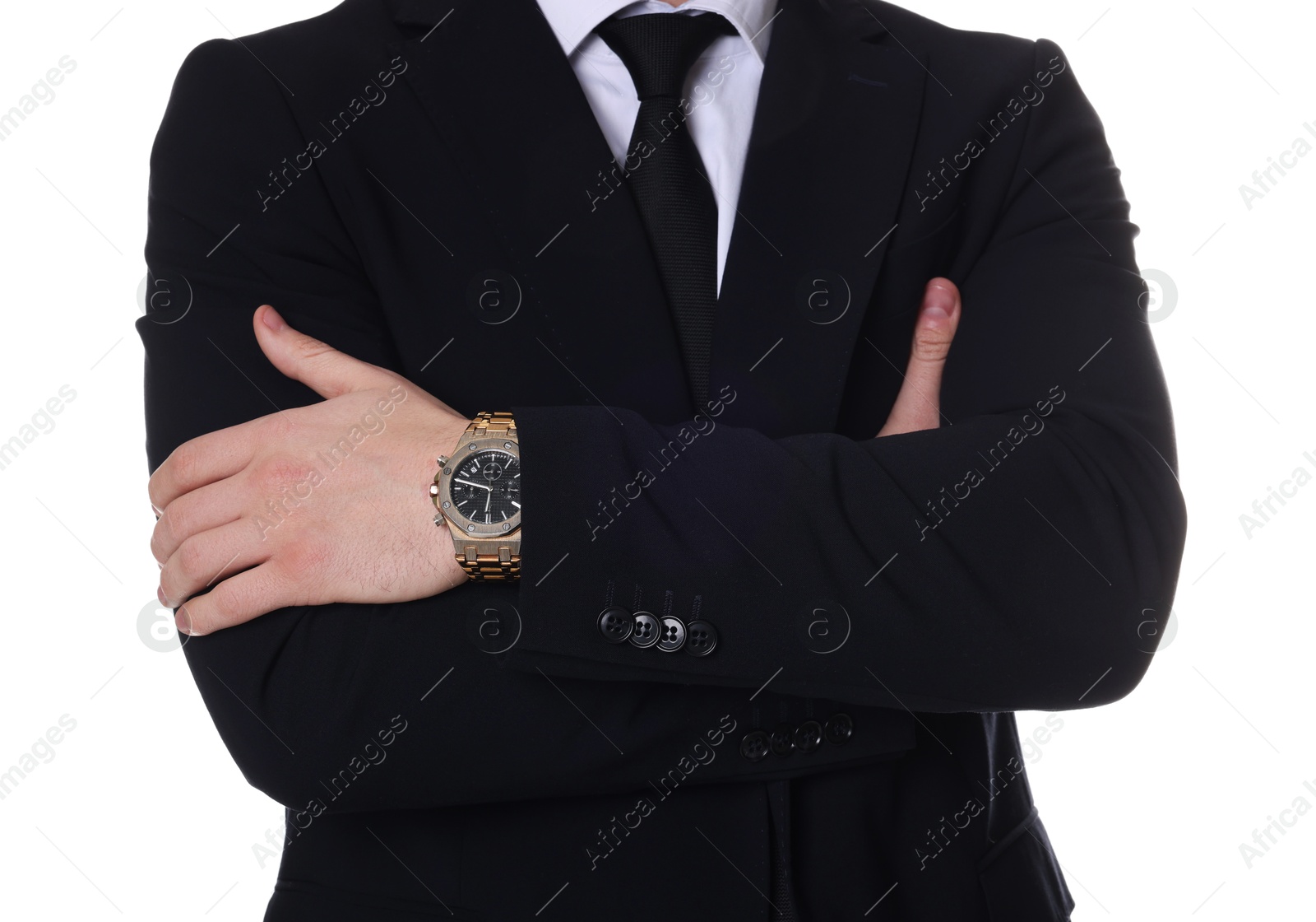 Photo of Man in classic suit with stylish watch on white background, closeup