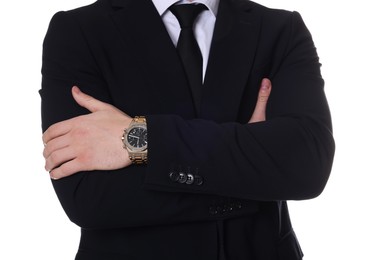 Photo of Man in classic suit with stylish watch on white background, closeup