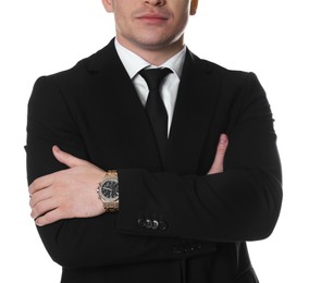 Photo of Man in classic suit with stylish watch on white background, closeup