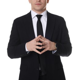 Photo of Man in classic suit on white background, closeup