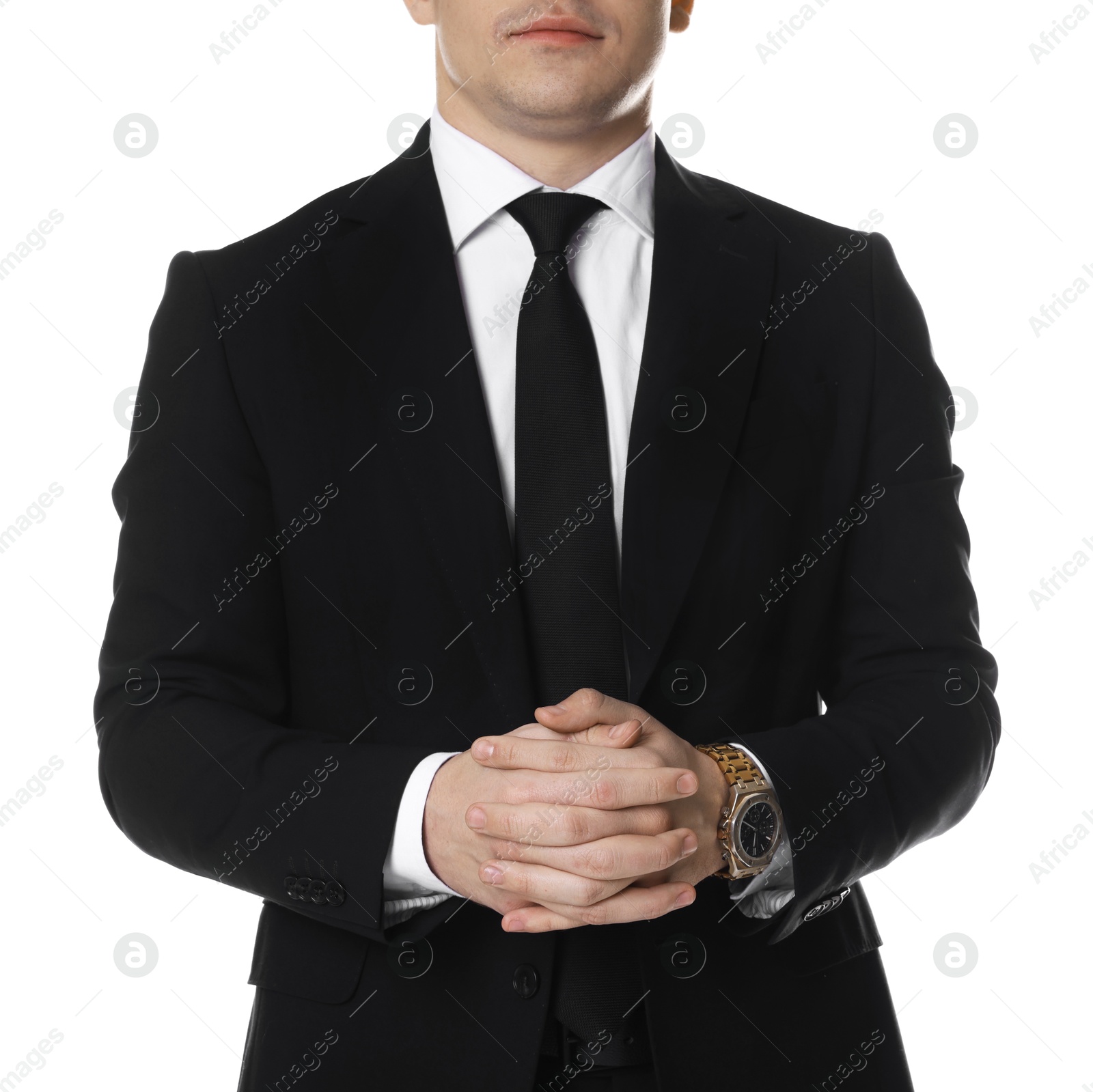 Photo of Man in classic suit on white background, closeup