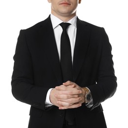 Photo of Man in classic suit on white background, closeup