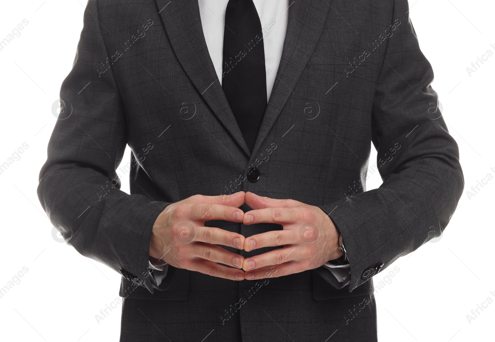 Photo of Man in classic suit on white background, closeup