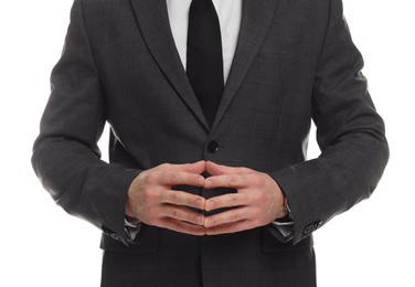 Photo of Man in classic suit on white background, closeup