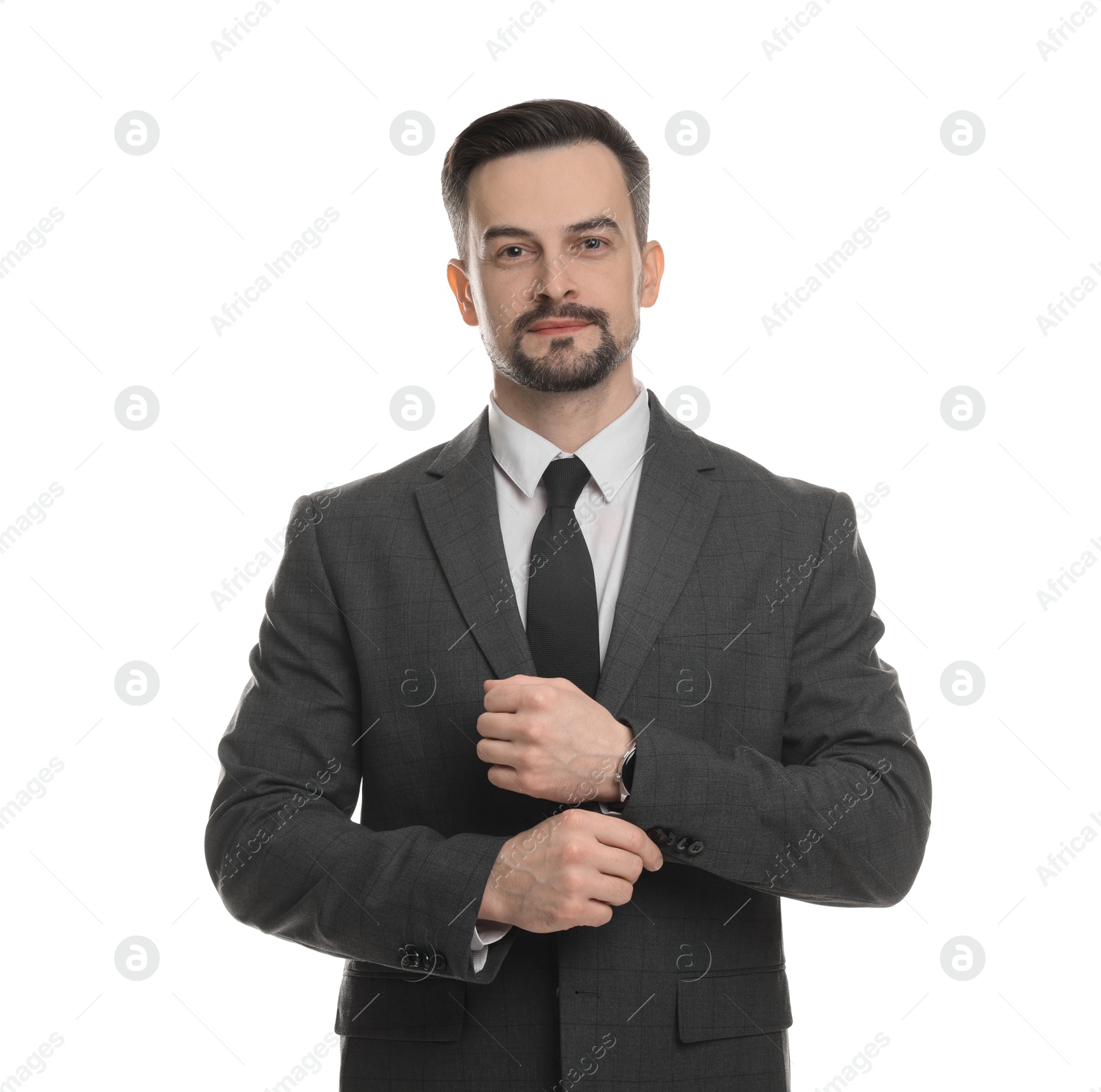 Photo of Handsome man in classic suit on white background