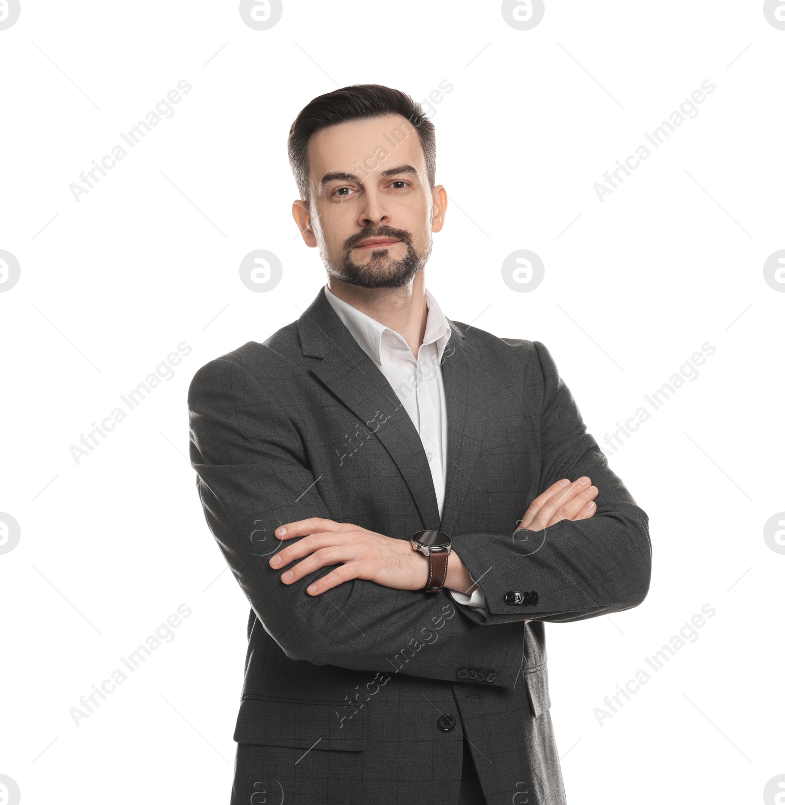 Photo of Confident man in classic suit on white background