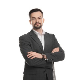 Photo of Confident man in classic suit on white background