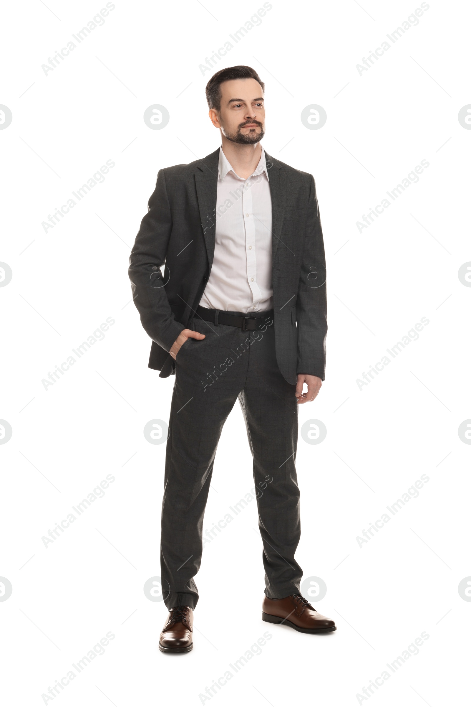 Photo of Confident man in classic suit on white background