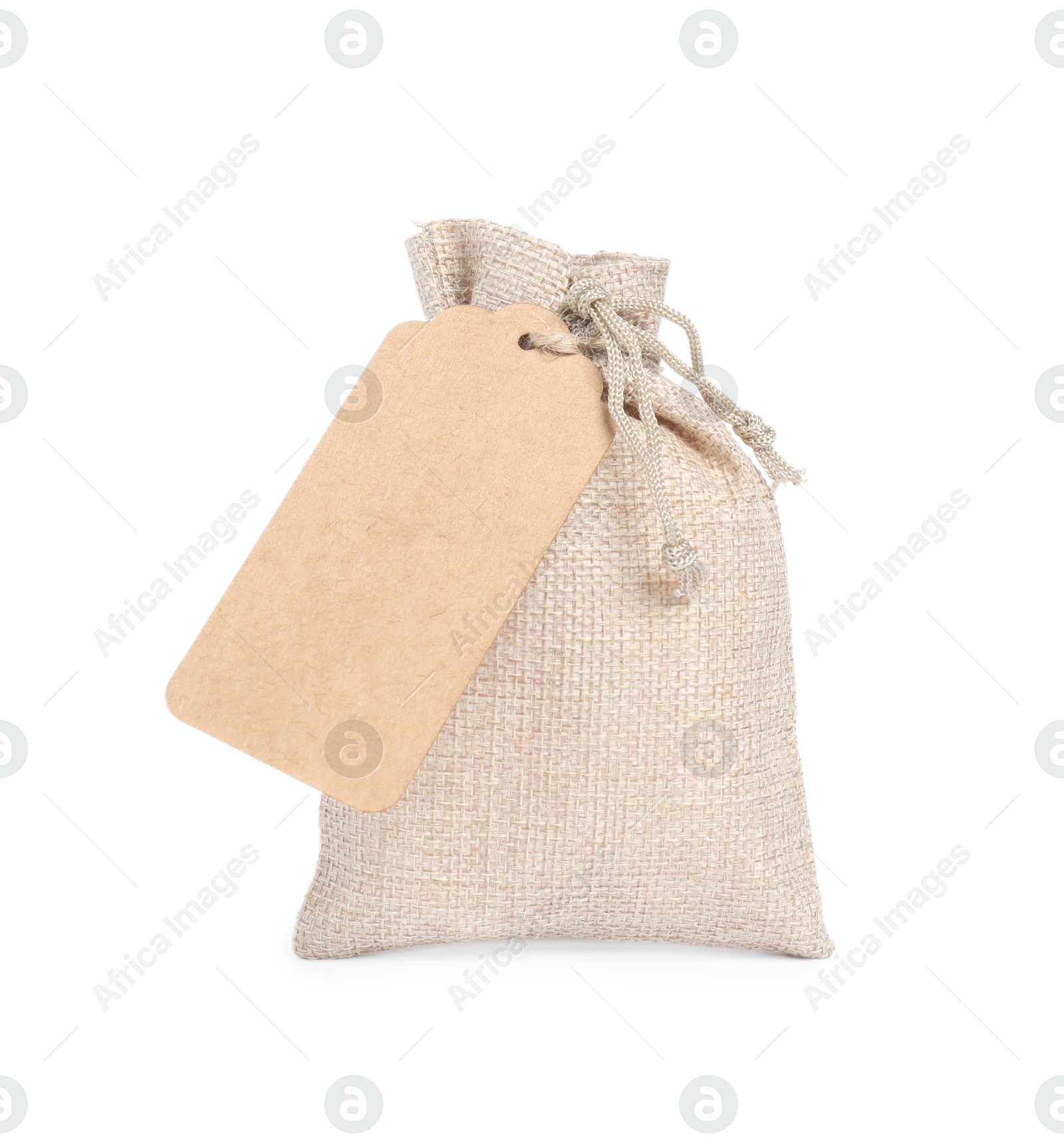 Photo of Burlap bag with tag isolated on white