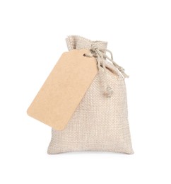 Photo of Burlap bag with tag isolated on white