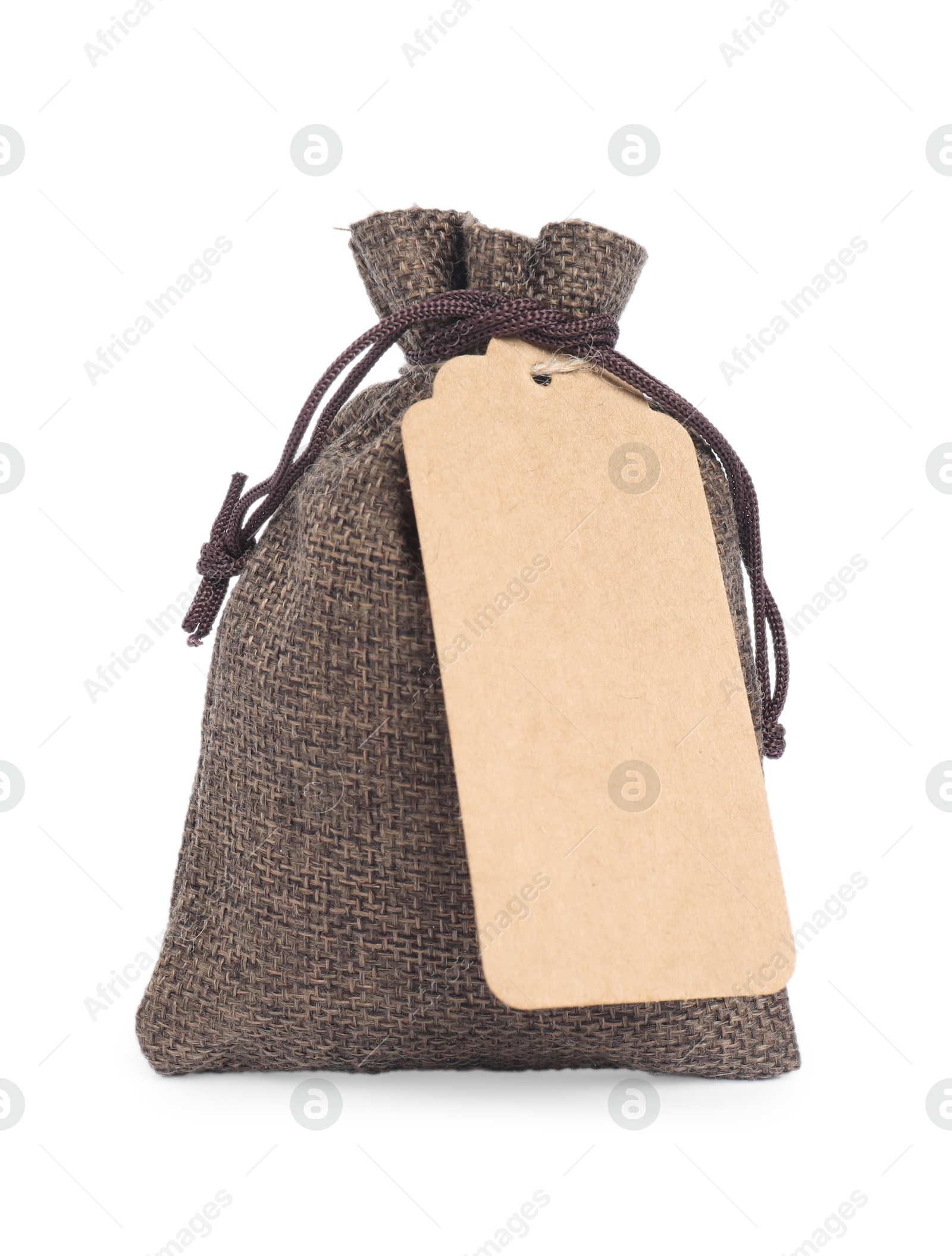 Photo of Burlap bag with tag isolated on white