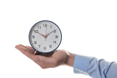 Photo of Man with alarm clock on white background, closeup